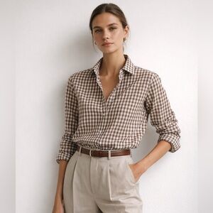 Bogner Gingham Cotton Button-Up Shirt Brown White | Size 40 US 10 | Tailored